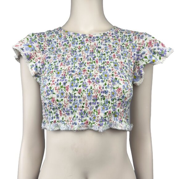 PATRONS OF PEACE Smocked Floral Ruffles Sleeves Crop Top Summer Cottagecore sz M - Picture 1 of 5